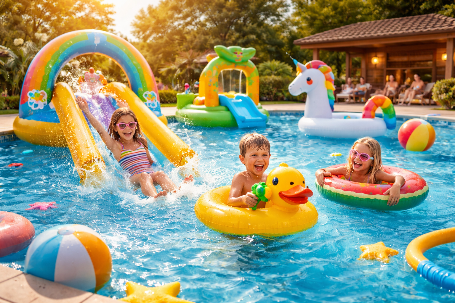Trois enfants jouent dans une piscine turquoise parmi des bouées gonflables : toboggan jaune, bouée canard et pastèque.