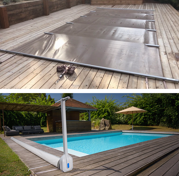 Couverture à barres sur terrasse bois et volet hors-sol blanc au bord d’une piscine